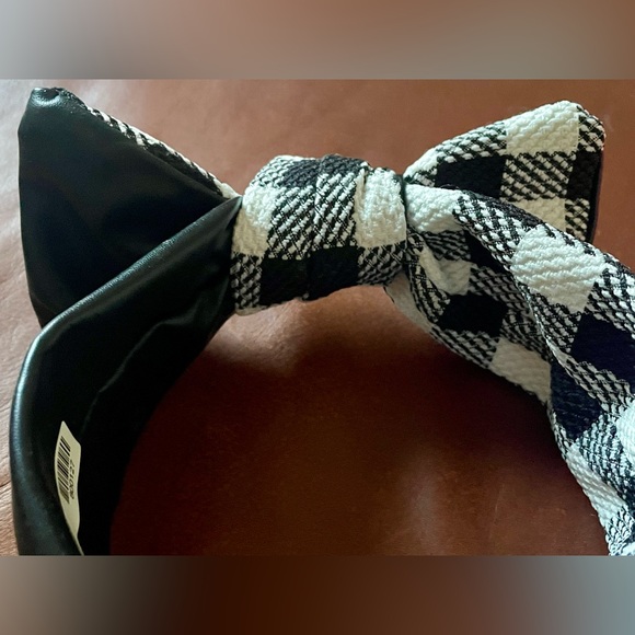 BNWT!Fashion headband,black faux leather,offwhite check tweed small gold clovers - Picture 14 of 16